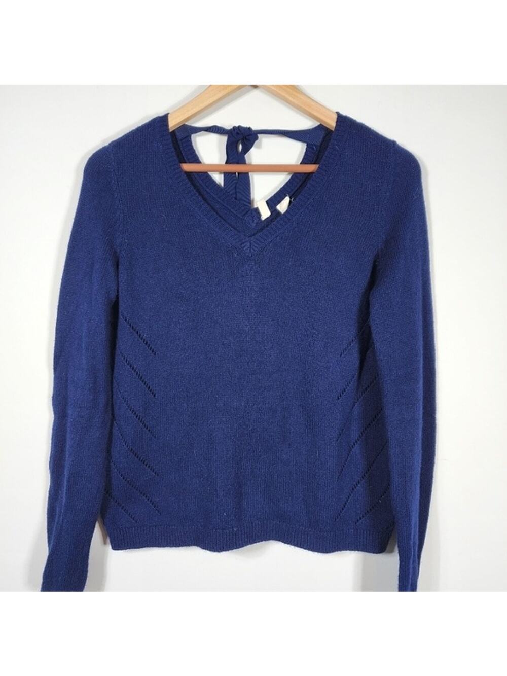 Anthropologie Moth Ribbon Tie Back Cashmere Blend Navy Sweater Size Small